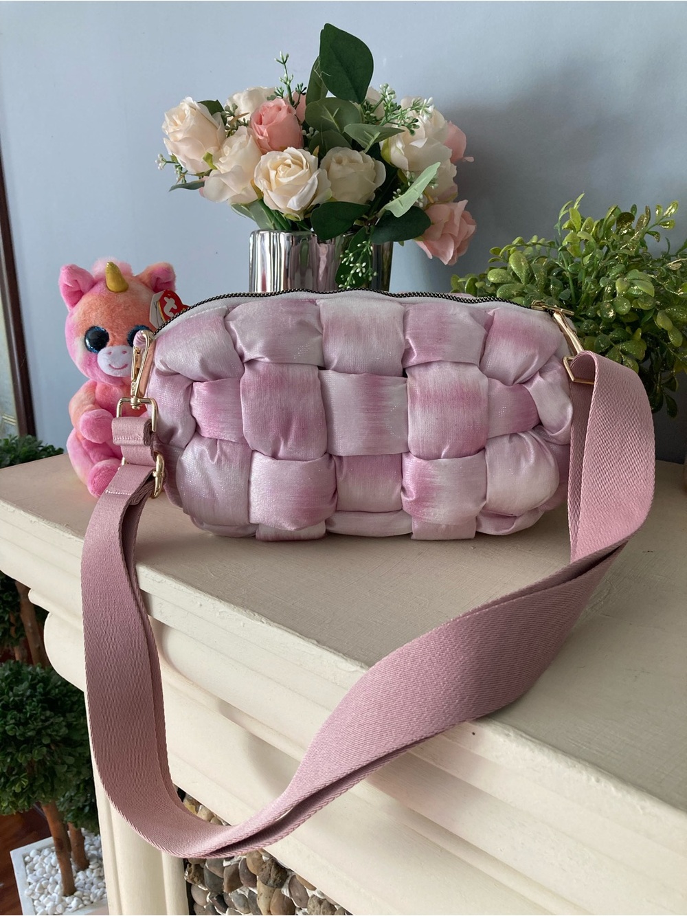 Source Unknown Pink Woven Satin Crossbody with Wide Strap